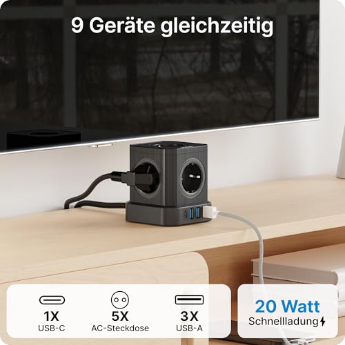 Voomy 9-in-1 Steckdosenwürfel Mit USB C (20W), Mehrfachsteckdose 4000W, 2M Verlängerungskabel, Mehrfachstecker Schalter, Steckerleiste Überspannungsschutz, Steckdosenleiste USB C, Schwarz – Bild 3