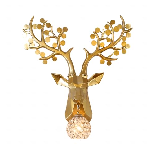 Image of Solo Decor Resin Deer Head Wall Sconce Gold Crystal Ball Light Fixture Modern Antler Design Light Lamp for Living Room,Bedroom and Office Wall Decoration(Without Bulb)