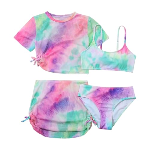 Girls 4 Piece Tie-Dye Tankini Sets Swimwear Bikini & Sun 𝐏rotection Cover Up Crop Top & Ruffle Skirt Swimsuit