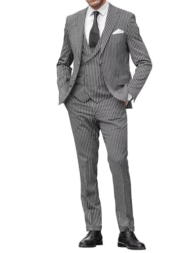Costume 3 pièces homme à rayures avec veste revers cranté gilet double boutonnage et pantalon