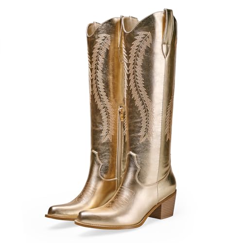 RKQ Womens Metallic Gold Cowboy Boots Knee High Embroidered Cowgirl Boots