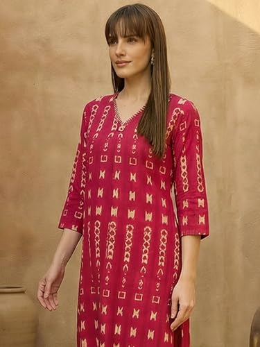 Image of INDO ERA Women Cotton White Printed Straight Kurta Pant Set