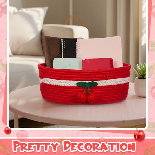 Image of Honeydak 2 Pcs Cherry Basket with Handles Easter Gift Red Decorative Cotton Rope Woven Basket with Gift Bag Ribbon Cute Oval Organizer Cherry Bathroom Decor for Nursery Pet Closet Shelf, 12 inchx 8 inchx 5 inch