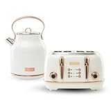 Haden Heritage 4 Slice Wide Slot Stainless Steel Toaster Bundled with 1.7 Liter Stainless Steel Electric Water Kettle, Ivory & Copper