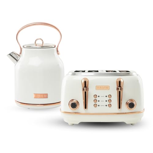 Haden Heritage 4 Slice Wide Slot Stainless Steel Toaster Bundled with 1.7 Liter Stainless Steel Electric Water Kettle, Ivory & Copper