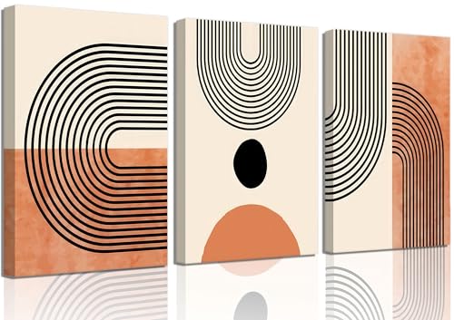 3Pcs Minimalist Boho Canvas Wall Art Beige Orange Bohemian Line W...