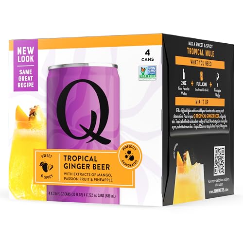 Q TROPICAL GINGER BEER with Real Ginger, Tropical Fruits & Organic Agave - Ideal for Cocktails & Mocktails - Real Ingredients & Perfectly Carbonated, 90 Calories per Can, 7.5 Fl Oz Cans (Pack of 4)