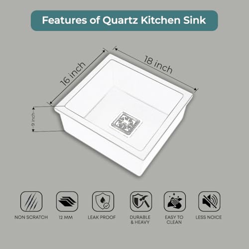 Image of ARQUIN Quartz Sink 18x16x9 Inch White | Single Bowl Sink | Durable & Scratch-Resistant | Undermount /Topmount Including Coupling, Waste Pipe & Fruit Washing Basket