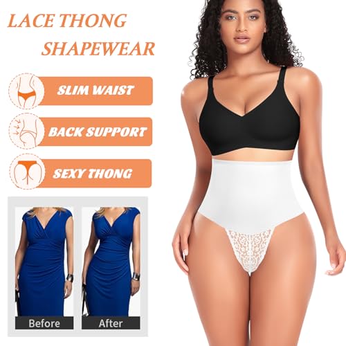 Image of Werena Tummy Control Thong Shapewear for Women Mid High Waisted Body Shaper Underwear Lace Shaping Thong Girdle Panties