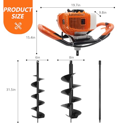 Image of 62CC Auger Post Hole Digger, 2 Stroke Gas Powered Earth Post Hole Digger with 2 Auger Drill Bits(6 inch & 8 inch) + 1 Extension Rods for Farm Garden Plant