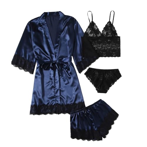 Generisch Conjunto de pijama de satén para mujer, 4 piezas, pijamas de encaje, kimono, bata, pijama sexy, negligee y pantalones cortos, camisón de 4 piezas con almohadilla en el pecho, Pajamas B7-azul