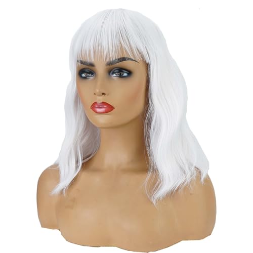 andromeda White Wavy Wig with Bangs Soft Short Bob Wigs for Women Synthetic Shoulder Length Women's Wig for Halloween Costumes Cosplay Daily (White) — view 2