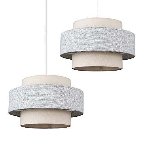 Pair of - Modern Cylinder Ceiling Pendant Light Shades in a Cream & Grey Herringbone Finish