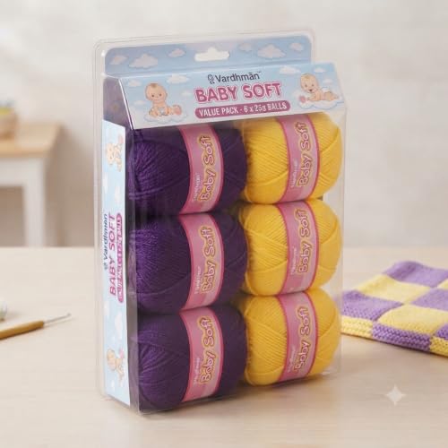 Image of Vardhman BabySoft Knitting Yarn | 100% Acrylic Wool | 4 Ply | Thin Knitting & Crocheting Hook Thread & Lightweight | Special Baby Wool | 150 Grams (6 Balls of 25g) | Machine Washable | Ideal for Blankets, Hats, Booties Ultra-Soft for Baby Sweaters, Blankets, Caps, Socks, Soft toys, Art & craft (Purple56 + Yellow85)
