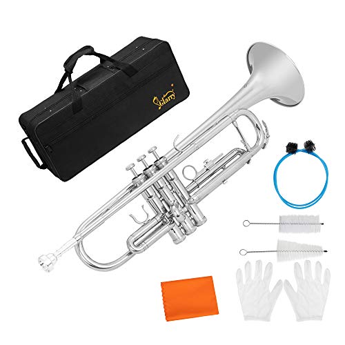 GLARRY Standard Trumpet Brass Bb Trumpet for Students and beginners w/Hard Case, Gloves, 7C Mouthpiece and Trumpet Cleaning Kit (Silver)
