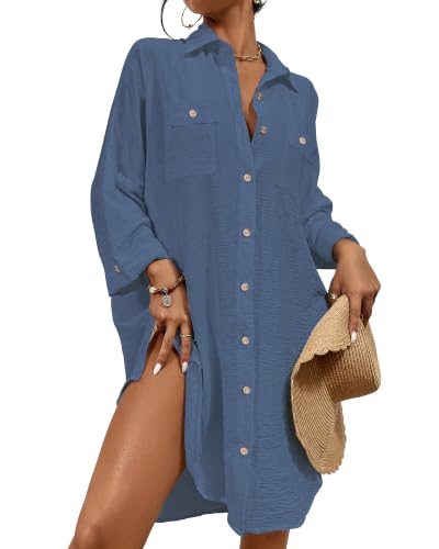 Bsubseach Womens Modern Swimsuit Cover Up Blouse Button Down Shirt Dresses Tops Blue XS