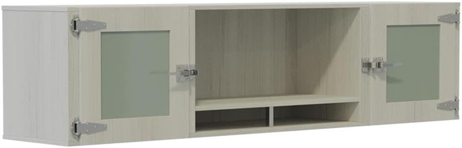 Pemberly Row 72" Wall Mounted Hutch, White Ash Finish, Sliding Frosted Glass Doors, Decorative Shelf, Contemporary Style, Includes Wall Mounting Hardware for Home or Office Storage Solutions