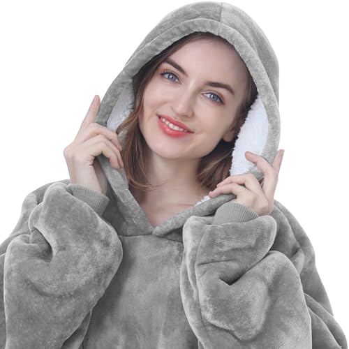 Kipswiza Oversized Wearable Blanket Hoodie, Cozy Fluffy Sherpa Fleece Hooded Blankets Sweatshirt Gifts for Women Men Family Members Friends, Light Grey
