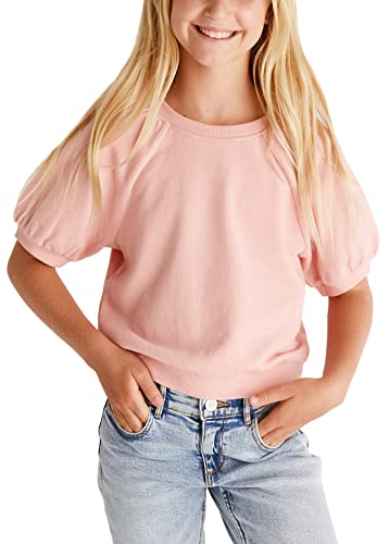 Image of Kids Girls Cute T-Shirt Short Puff Sleeve Basic Solid Casual Loose Pullover Ribbed Cuffs Hem Pink Tees Size 4-13Years