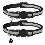 KNUIUYY 2 Pièces Réfléchissant Collier Chat, Collier pour Chat Anti étranglement avec Cloche et Boucle de Sécurité, Noir Colliers Réglable 19 32cm Convient à la Plupart des Chats Domestiques