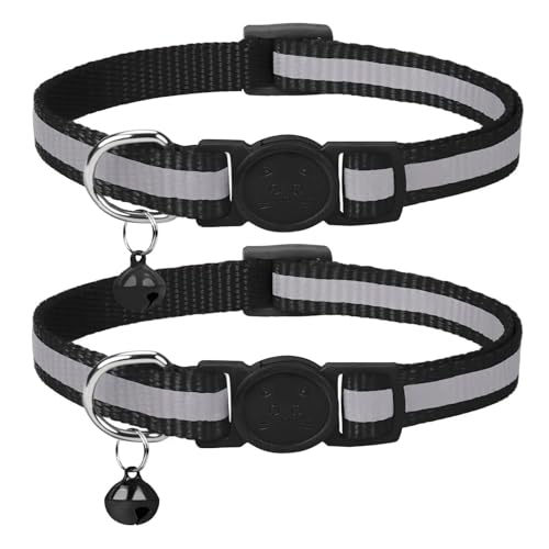 KNUIUYY 2 Pièces Réfléchissant Collier Chat, Collier pour Chat Anti-étranglement avec Cloche et Boucle de Sécurité, Noir Colliers Réglable 19-32cm Convient à la Plupart des Chats Domestiques