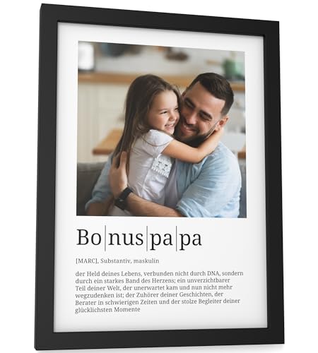 Papierschmiede® Personalisierte Geschenke Bonuspapa, Definition mit Foto in DIN A5 (15x21 cm) Rahmen wählbar fertig gerahmt, Persönliches Bild Geschenk für Stiefvater zum Vatertag, Geburtstag