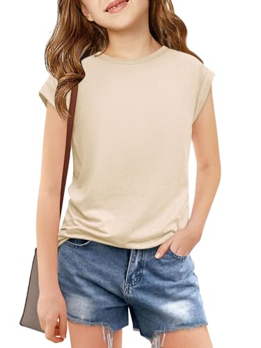 Image of Haloumoning Girls Cap Sleeve T Shirts Kids Summer Crewneck Solid Tops Tees 5-14 Years