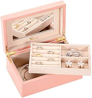 Voova Wooden Jewellery Box Organiser for Women Girls, Deluxe Piano Paint Jewelry Storage Case with Mirror, jewlerrying Display Holder with Removable Tray for Necklace Earring Rings, Pink