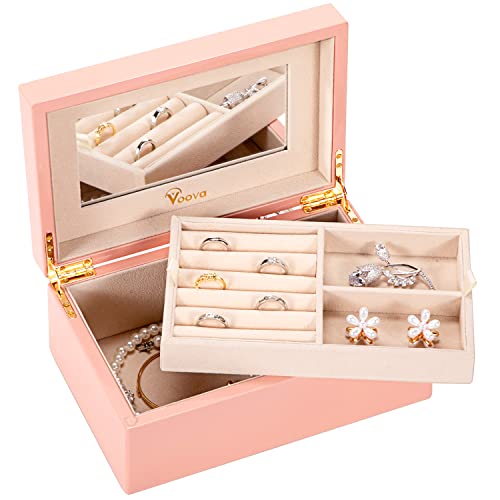 Voova Wooden Jewelry Box Organizer For Women Teen Girls, Luxury Piano Paint Jewelry Case With Mirror, Large Jewellery Storage Boxes Display Holder With Removable Tray For Earrings Rings Bracelets,Pink #TOP1