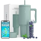 Infusion Pro 40 oz Tumbler with Handle, Fruit Infuser & Straw Lid : 50 Recipe Fruit Infusion eBook : Bottom Boot : Fits Cupholder : Stainless Steel Insulated Travel Mug : Essence (BLUE SURF)