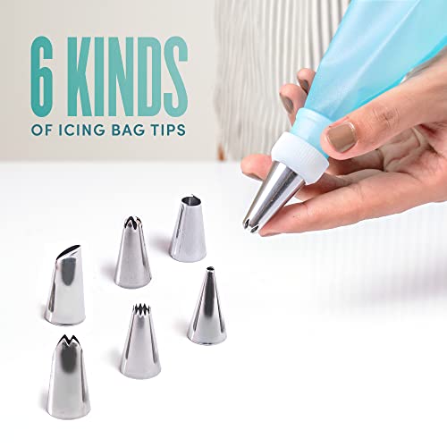 Riccle Reusable Piping Bags And Tips Set - Strong Silicone Icing Bags With Tips - 25 Pcs Cake Decorating Kit Of 6 Pastry Bags 12, 14 & 16 Inch - 6 Couplers, 6 Frosting Tips, 6 Bag Ties, Cake Scraper #TOP3