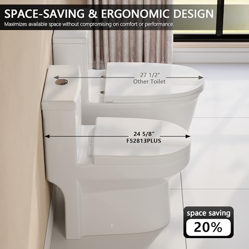 Deer Valley Compact One-Piece Toilet for Small Bathrooms, Modern Toilet with Powerful Dual Flush 0.8/1.28 GPF, Soft-Close Seat, 12\" Rough-In, High-Efficiency, Space-Saving & Quiet White Design