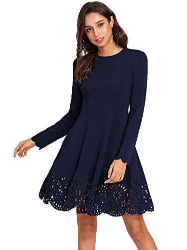 Romwe Women s Scalloped Hem Stretchy Knit Flared Skater A-line Dress Navy S