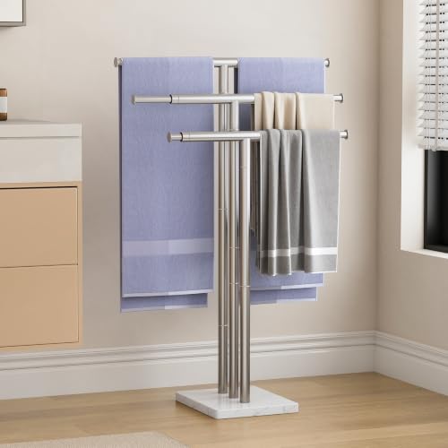 ELYKEN-Standing-Towel-Rack-for-Bathroom-Adjustable-3-Tier-Towel-Stand-Weighted-Marble-Base-Brushed-Stainless-Steel-Freestanding-Design-Holds-Bath-Towels-Rust-Resistant-Ideal-for-Bathroom