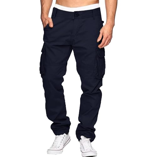 Qolkmuiy-GJ Men's Tactical Pants with Multi Pockets Cotton Workout Gym Trousers Hiking Loose Straight Leg Slack (Dark Blue,3X-Large)