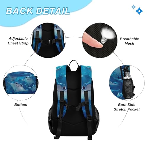 Blue Ocean Cute Stingray Fish Backpack with Lunch Bag for Boys Girls, Travel School Backpack Set3
