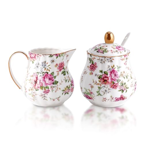 Agyiuns Ceramic Sugar and Creamer Set 3 Piece Set with Cream Pitcher Sugar Bowl Sugar Set with Lid and Spoon (White with flower)