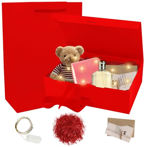 Boîte cadeau Mecctuck, 21 x 17 x 7 cm, rouge, avec couvercle, carte, sac, ruban lumineux, pour mariage, Noël, anniversaire
