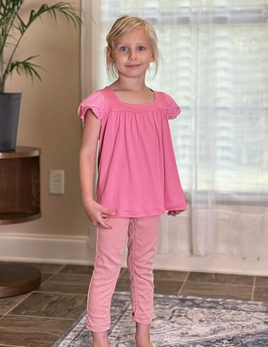 Image of Arshiner Girls Shirts Short Sleeve Square Neck Summer Lace Openwork Pleated Tops Blouse Tunic