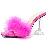 Enelauge Women's Square Toe Sandal Fluffy Feather Clear High Heels Sandals Mules Backless Slip on Slipper Dress Shoes Hot Pink 37-6.5US