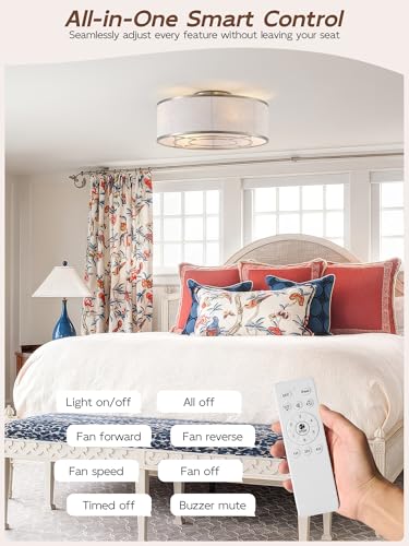 Image of 20 inch Silver Caged Ceiling Fans with Lights, Boho Flush Mount Ceiling Fan with Light and Remote, Bladeless with 6 Speeds for Bedroom, Nursery, Living Room