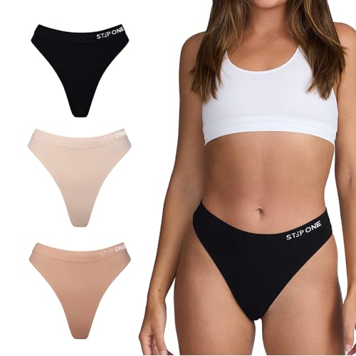 STEP ONE SmoothFit Seamless Thong for Women 3 Pack Ultra-Soft Breathable Bamboo Moisture Wicking Underwear Women No VPL Hypoallergenic Everyday Comfort Thong Mixed Pack Large