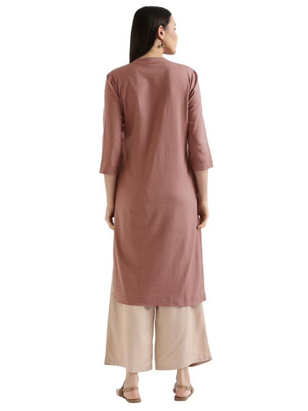 Image of SAADAA Women's Linen Blend Long Kurta with Viscose Palazzo Set | Straight Fit Kurta with Wide Leg Palazzo | Solid Ethnic Co-ord Set for Office & Casual Wear