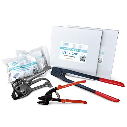 Image of IDL Packaging Round Packages Strapping Kit for 5 /8 inch x 600' Steel Strapping, 1400 lbs Break Strength - Packaging Strapping Solution for Pipes - Enough Strapping and Seals for 300 Uses Before Refill