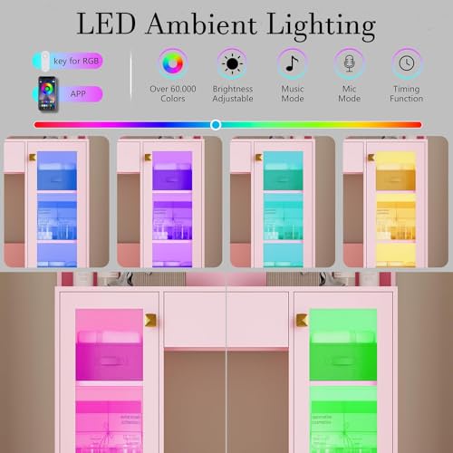 Image of Wodeer Small Makeup Vanity Desk with Mirror and Lights, Vanity with Glass Cabinet, LED Lights & Power Outlet, Drawer & RGB Glass Cabinets, Adjustable Lighted Dressing Table for Women & Girls Bedroom
