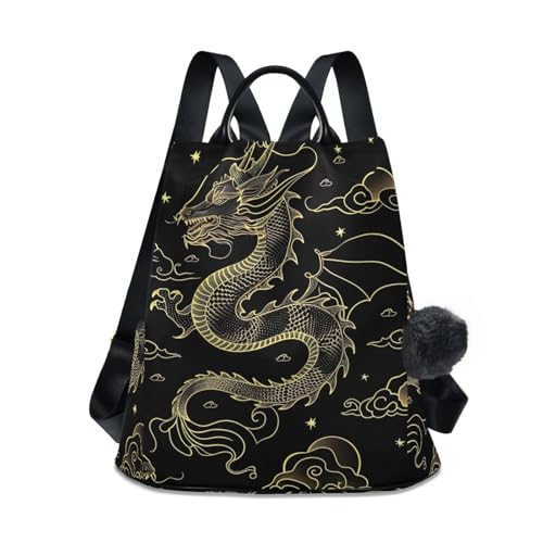 Sac à dos décontracté pour femme dragon noir et doré avec poche zippée