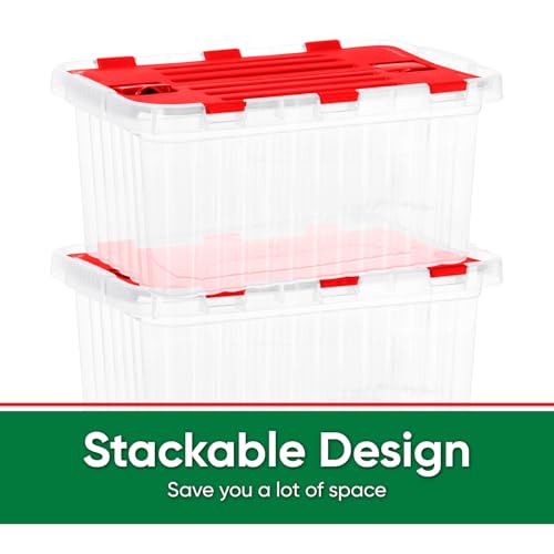 Image of Superio Storage Box with Hinged Lids, Plastic Container Bins for Organizing with Attached Lid, Stackable Crates, BPA Free, Organizers for Home, 19 Quart (Clear with Red Lids, 17 inchx11.65 inchx8.75 inch)