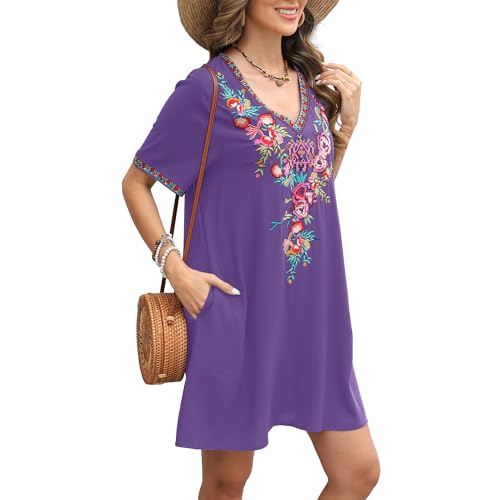 Image of Grosy Fiesta Embroidered Mexican Dress for Women Beach Vacation Plus Size Short Sleeve Summer Boho Dresses with Pocket