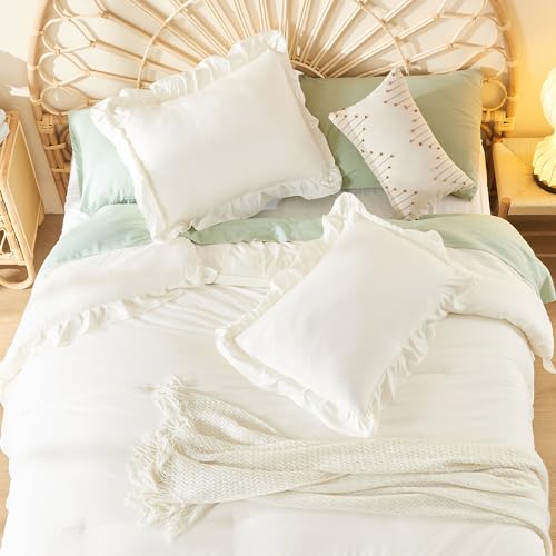 Image of Litanika Full Comforter Set Ivory, 3 Pieces Beige Ruffle Farmhouse Aesthetic Bedding Comforter Set, Lightweight Fluffy Microfiber Bed Set (79x90In Comforter, 2 Pillowcases)