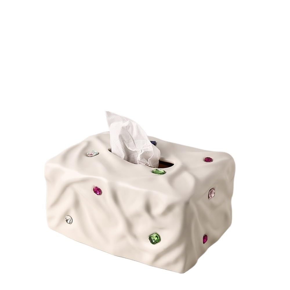 Tissue Holder Dispenser Gemstone Tissue Box Home Living Room Coffee Table Ceramic Organizer for Living Room(White)
